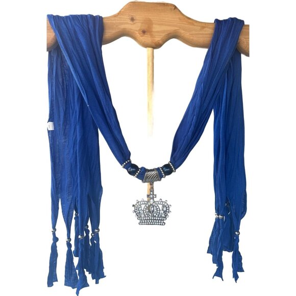 Blue Scarf w/Silver Chain Crown Gem Pendant (Brand Unknown-READ) - Picture 11 of 16